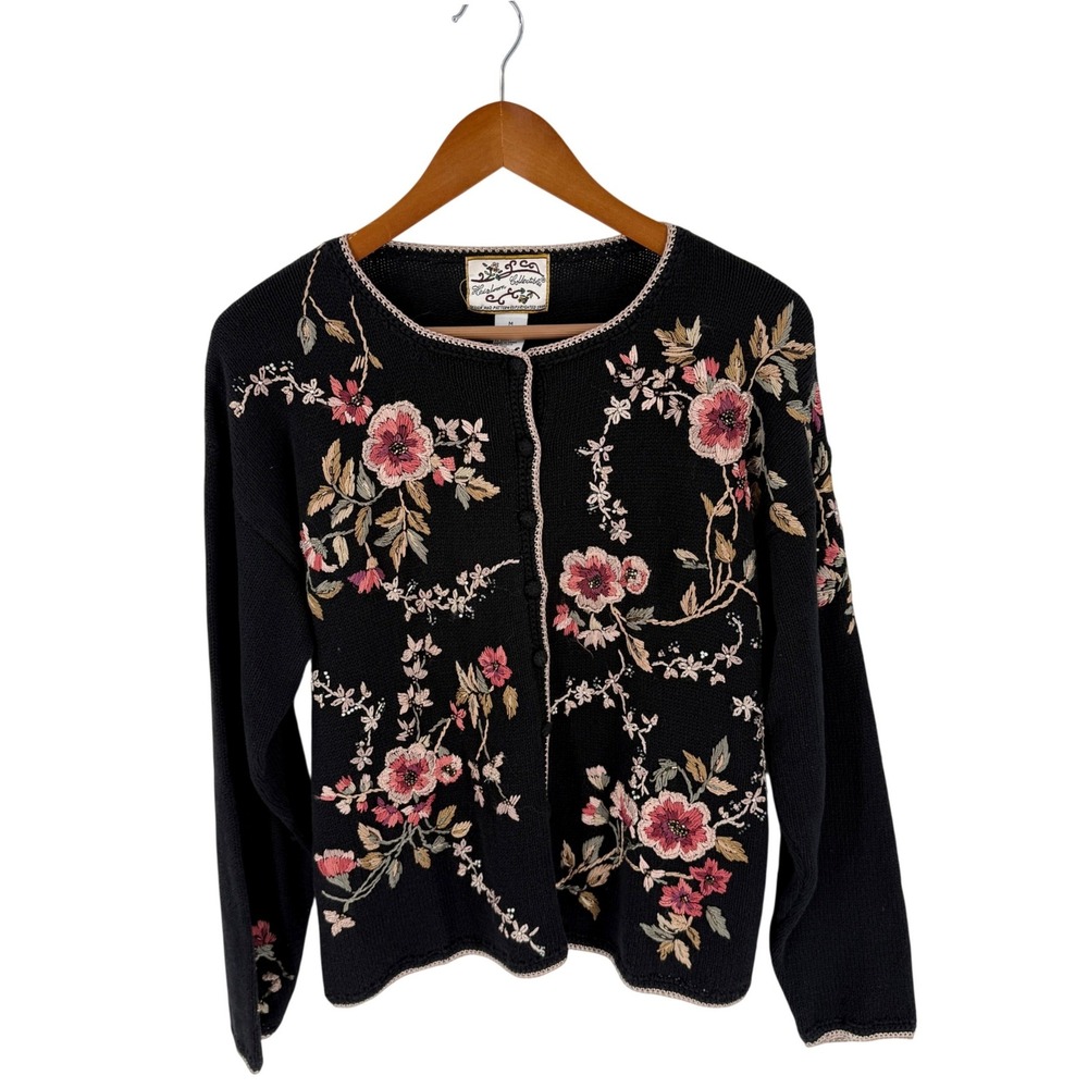 Heirloom Collectibles Floral Embroidered Cardigan Black M Vintage 90s Grandma